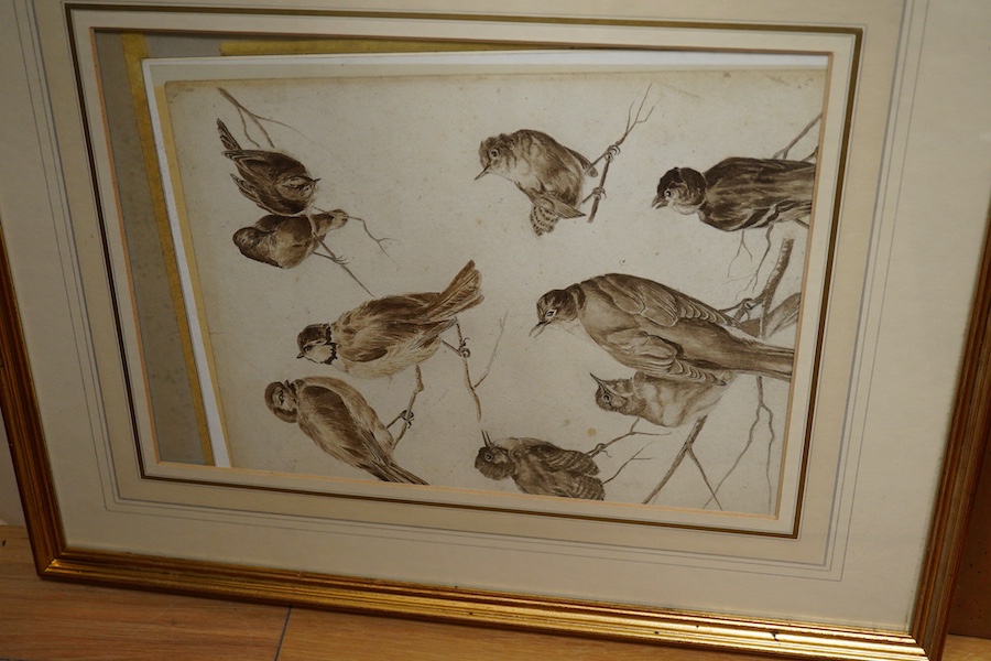 A collection of watercolours and a pastel, to include; Katherine Clausen, Figures on a wooded pathway, a monochrome watercolour of Birds and a pair of watercolours, Studies of dogs. Condition - varies